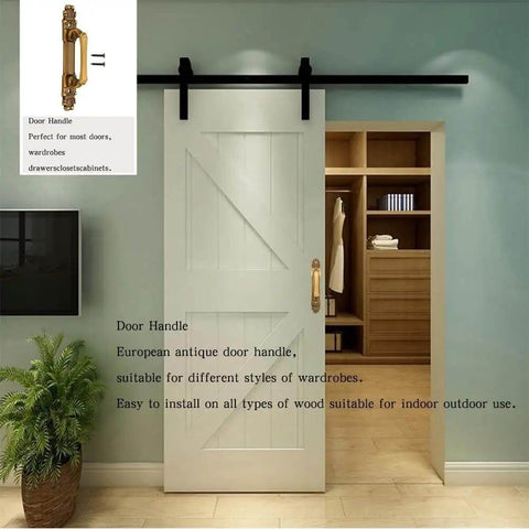 European Style Barn Door Handle Antique Metal Pull for sliding doors on white barn door with wardrobe in background