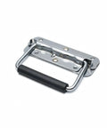 Heavy Duty Two Pack Spring Loaded Folding Handles Drop Straight Into Any Toolbox Or Trunk 4 Inch Stainless Steel Chest Pulls Rocking A Comfy Rubber Grip Kit with a black rubber grip.