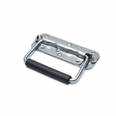 Heavy Duty Two Pack Spring Loaded Folding Handles Drop Straight Into Any Toolbox Or Trunk 4 Inch Stainless Steel Chest Pulls Rocking A Comfy Rubber Grip Kit with a black rubber grip.