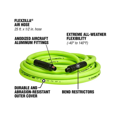 Heavy Duty Air Hose One Half Inch By Twenty Five Feet With Three Eighths Inch MNPT Fittings Hybrid Polymer For No Kink Performance All Weather Flex From -40 To 140F Lightweight Yet Durable Abrasion Resistant Cover Bend Restrictor ZillaGreen coiled with labeled features