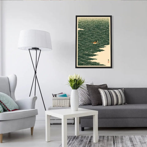 Black Framed Japanese Style Rowing Boat Ocean Waves Poster Canvas Print Art Vintage Minimalist Aesthetic Wall Decor For Living Room Bedroom Office Dope Home Accent