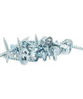 100 Pack Size 8 By Seven Eighth Inch Phillips Truss Head Wood Screws Deep Coarse Thread Zinc Plated Steel in a pile.