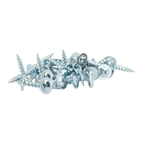 100 Pack Size 8 By Seven Eighth Inch Phillips Truss Head Wood Screws Deep Coarse Thread Zinc Plated Steel in a pile.