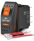 Orange Backlit 5 Pin On Off Rocker Switch For UTV LED Light Bars SPST Single Pole Rock Solid Durable Plastic Housing Easy Install Replacement Button 12V DC Operation High Conductive Pins Weather Resistant, angled view with wiring