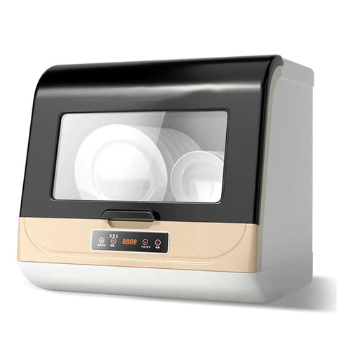 Smart Portable Countertop Dishwasher With Automatic Disinfect Cycle For Killer Kitchen Results, compact white unit with dishes visible.