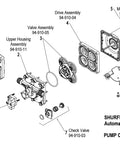 Exploded diagram of 12V Heavy-Duty Automatic Demand Diaphragm Pump With 5.3 GPM Open Flow, 90 PSI, featuring various components.