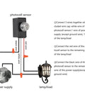 Installation diagram of 2 Pack Dusk To Dawn Photocell Sensor For Outdoor Lighting 120 To 277V with wiring connections and lamp.