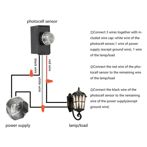 Installation diagram of 2 Pack Dusk To Dawn Photocell Sensor For Outdoor Lighting 120 To 277V with wiring connections and lamp.