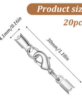 20 Sets Stainless Steel Necklace Clasps And End Caps For Jewelry Making 3MM ID Cord End Caps With Lobster Clasp shown with dimensions