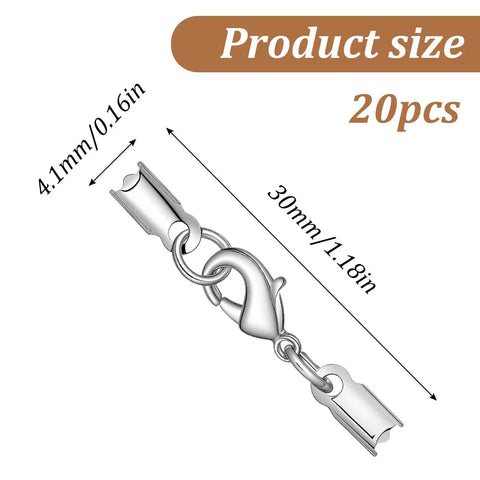 20 Sets Stainless Steel Necklace Clasps And End Caps For Jewelry Making 3MM ID Cord End Caps With Lobster Clasp shown with dimensions