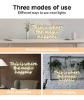 This Is Where The Magic Happens Neon Sign for Wall Decor in warm white, shown in desktop placement, wall-mounted, and line hanging setups.