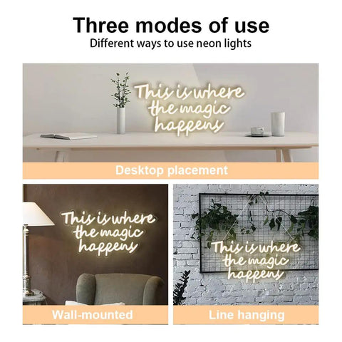 This Is Where The Magic Happens Neon Sign for Wall Decor in warm white, shown in desktop placement, wall-mounted, and line hanging setups.