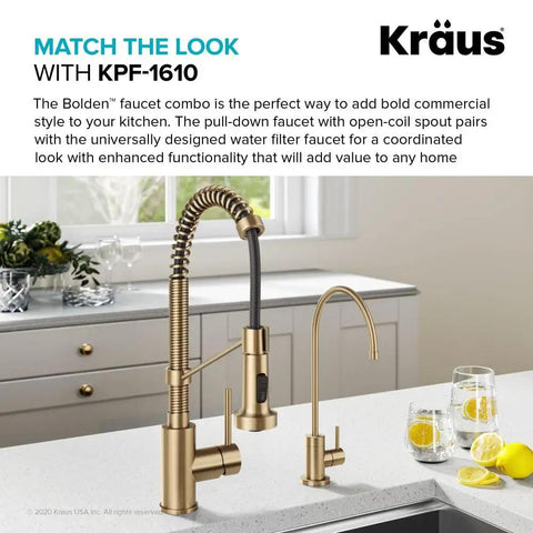 Kitchen Water Filter Faucet In Brushed Gold Standalone Beverage Faucet For On Demand Clean Water next to sink with plants