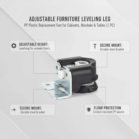 Versatile Adjustable Furniture Leg For Cabinets Wardrobes And Tables Durable PP Plastic Leveling Foot Replacement Black 1 Pack No Nonsense Easy Install For Stable Support On Uneven Floors, featuring secure mount and adjustable height.