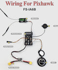Wiring diagram for Pixhawk with FS-iA6B receiver and components labeled for integration with RC systems.