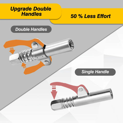 Grease gun couplers set with double-handle orange and single-handle red metal units, 1/8 in NPT.