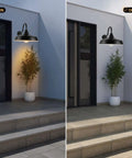 16 Inch Dome Barn Light Outdoor Wall Mount Sconce showing on and off states by a modern doorway illuminating the entrance.