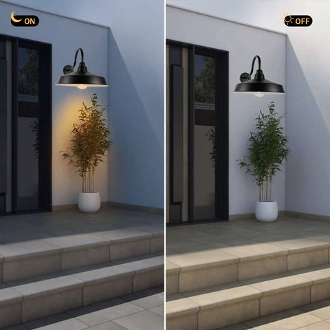 16 Inch Dome Barn Light Outdoor Wall Mount Sconce showing on and off states by a modern doorway illuminating the entrance.
