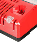 Close-up of M18 XC 5.0Ah Starter Kit battery charger, showing vent details and plug socket for tough jobs