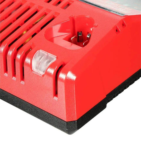 Close-up of M18 XC 5.0Ah Starter Kit battery charger, showing vent details and plug socket for tough jobs
