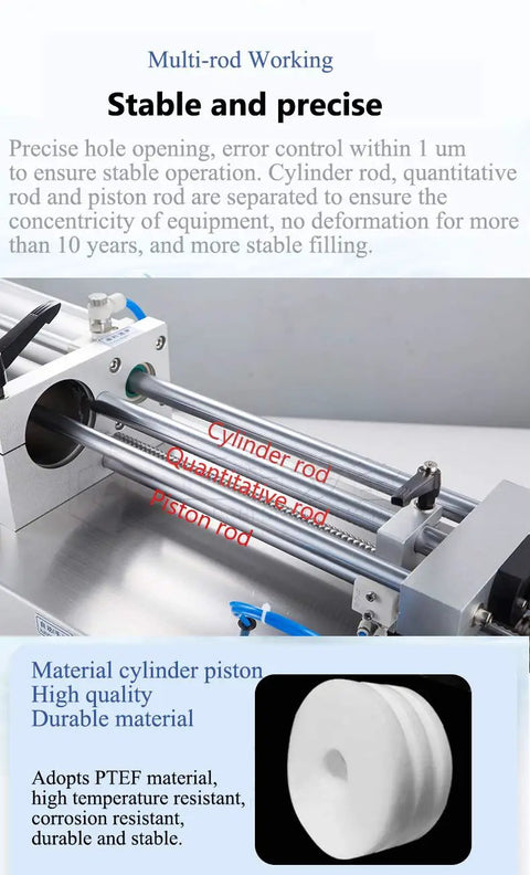 Straight Up Pneumatic Liquid Filling Machine And Horizontal Piston Dispenser for Engine Oil Honey Shampoo Detergent, showing multi-rod setup.