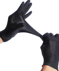 Person wearing Heavy Duty Nitrile Gloves With Micro Textured Fingertips For Maximum Grip Like A Boss, Powder Free, pulling glove