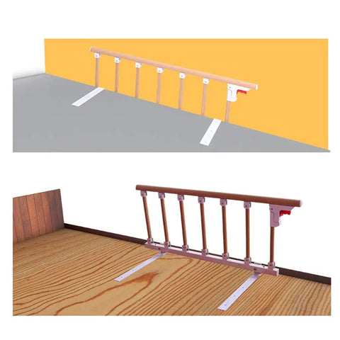 Foldable Bed Rail Guard For Elderly And Kids installed on wooden single bed, side view, easy setup safety guard.