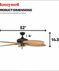 Side view of Palm Island 52 Inch Tropical Indoor Outdoor Ceiling Fan With No Light Pull Chain Two Mounting Options Five Palm Leaf Blades Damp Rated For Porches And Garages Up To 400 Sq Ft For That Chill Tropical Vibe, showing dimensions 52" width and 14.3" height.