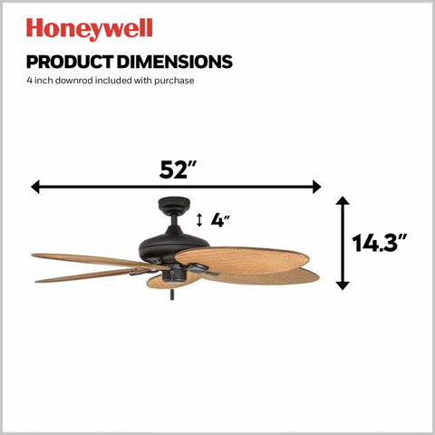 Side view of Palm Island 52 Inch Tropical Indoor Outdoor Ceiling Fan With No Light Pull Chain Two Mounting Options Five Palm Leaf Blades Damp Rated For Porches And Garages Up To 400 Sq Ft For That Chill Tropical Vibe, showing dimensions 52" width and 14.3" height.