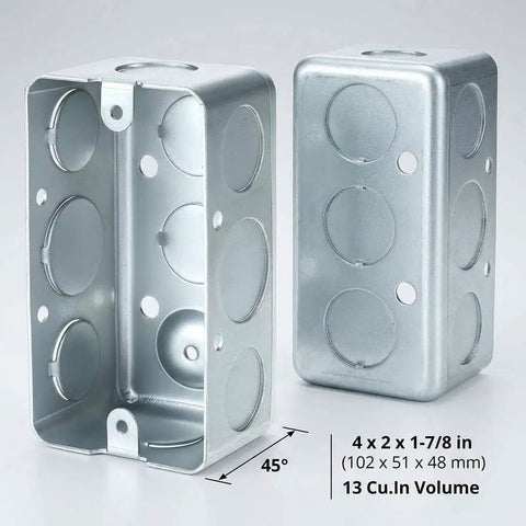 Electrical Box 12 Pack 4 By 2 Inch, 13 Cubic Inches, Deep One And Seven Eighths Inch, Galvanized Steel with knockouts on display