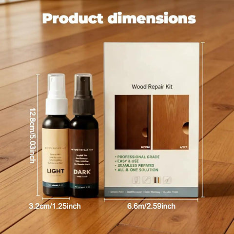 All In One Wood Repair Kit For Furniture Floors And Doors Scratch Remover And Color Restorer Easy DIY Wood Filler For Dents Scuffs And Dings Quick Seamless Repairs That Last with bottles and packaging on hardwood floor