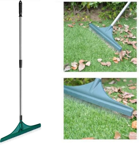 Artificial Lawn Rake With Telescopic Pole And Ergonomic Handle for quick debris removal, shown with aluminum handle and PVC head on grass.