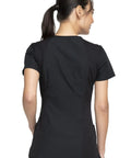 Back view of Women's Slim Fit V-Neck Scrub Top With 3 Pockets And Instrument Loop, Fade-Resistant Fabric, Black, Size M.