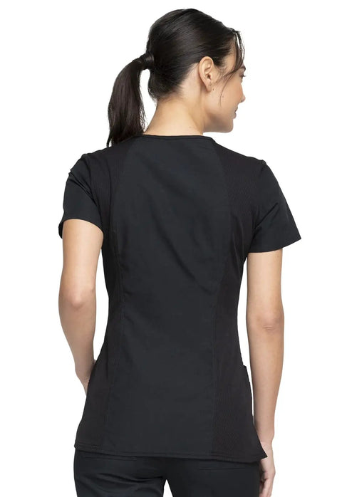 Back view of Women's Slim Fit V-Neck Scrub Top With 3 Pockets And Instrument Loop, Fade-Resistant Fabric, Black, Size M.