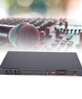 Heavy Duty 10 Outlet Power Sequencer Conditioner With Bright Digital Display and microphone on mixing board background.