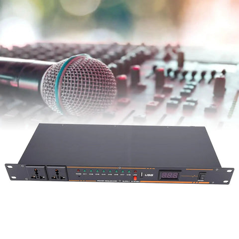 Heavy Duty 10 Outlet Power Sequencer Conditioner With Bright Digital Display and microphone on mixing board background.
