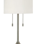 Stowe Table Lamp in Brushed Steel Finish With White Textured Drum Shade, Modern Vibe, 30 Inch Tall, 17 Inch Shade Diameter, Easy To Use Pull Chain