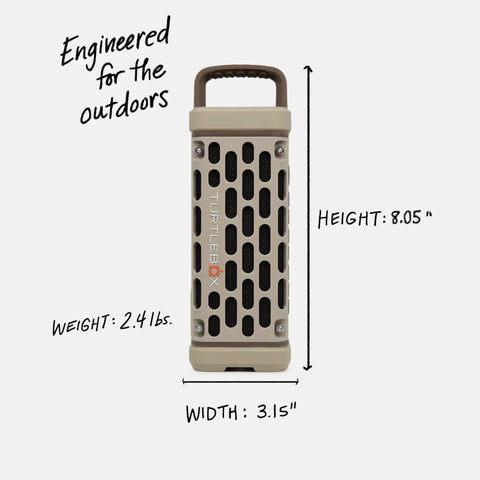 Ranger Outdoor Bluetooth Speaker 5.4 in tan, rugged IP67 waterproof, shockproof, ultra-portable design, 8.05" height and 3.15" width.