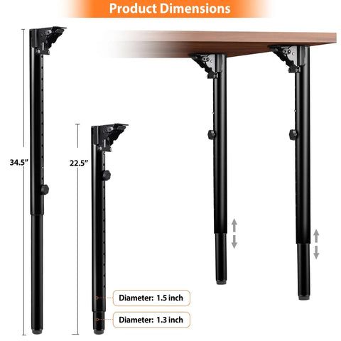 Heavy Duty Folding Adjustable Table Legs 4 Pack Steel Powder Coated RV Camper Support Frame with height measurements of 22.5 and 34.5 inches.