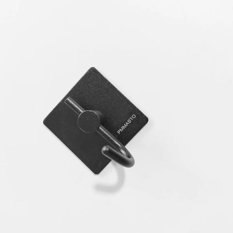 Black aluminum heavy duty J shape towel hook with self adhesive backing, part of a 6 pack wall mounted collection for bathroom organization.