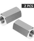 Heavy Duty Stainless Steel Hex Coupling Nuts M8x1.25 Thread Two Piece Set 25mm Length 13mm Width viewed from the side.