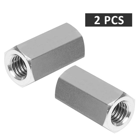 Heavy Duty Stainless Steel Hex Coupling Nuts M8x1.25 Thread Two Piece Set 25mm Length 13mm Width viewed from the side.