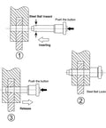 Diagram showing insertion and release of Ball Locking Pin With Button Handle, 5mm Pin Diameter, 15mm Usage Length, Quick Release, 304 Stainless Steel.