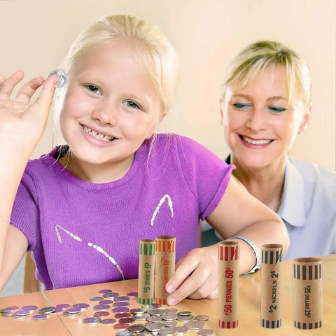 Child using Easy Coin Sorter Tube Set With Wrappers, 5 in 1 Change Counter Machine, Quick And Accurate Coin Roller Organizer For Home Or Office