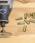 Pro Level Brass Collet Bits For Dremel Rotary Tools 5 Piece Set arranged around a rotary tool on a wood surface.