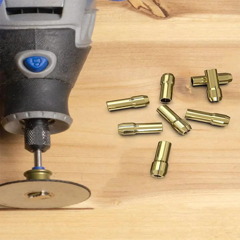 Pro Level Brass Collet Bits For Dremel Rotary Tools 5 Piece Set arranged around a rotary tool on a wood surface.