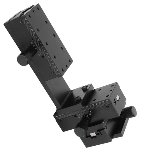 Manual XYZ Translation Stage 40 x 90mm Linear Stage for Precision Alignment side view, black aluminum, with adjustment knobs