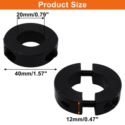 Two Piece Clamp On Shaft Collars For Industrial Machinery, Black Double Split, detailed size dimensions, heavy duty shop floor use
