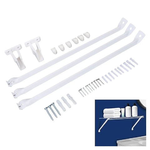 Beefy Heavy Duty Steel Wire Shelf Brackets Set With 6 Clamps And 2 End Brackets For 12 Inch Wire Shelves, shown with installation example.