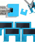 Magnetic Door Hinge Jig for No Drill Needed Installations, Quick Align Guide, blue plastic with metal hinge and depth gauge